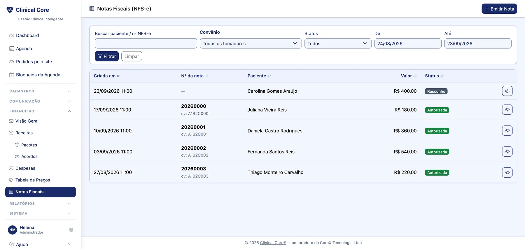 Lista de notas fiscais no Clinical Core com número, paciente, valor e situação de cada NFS-e