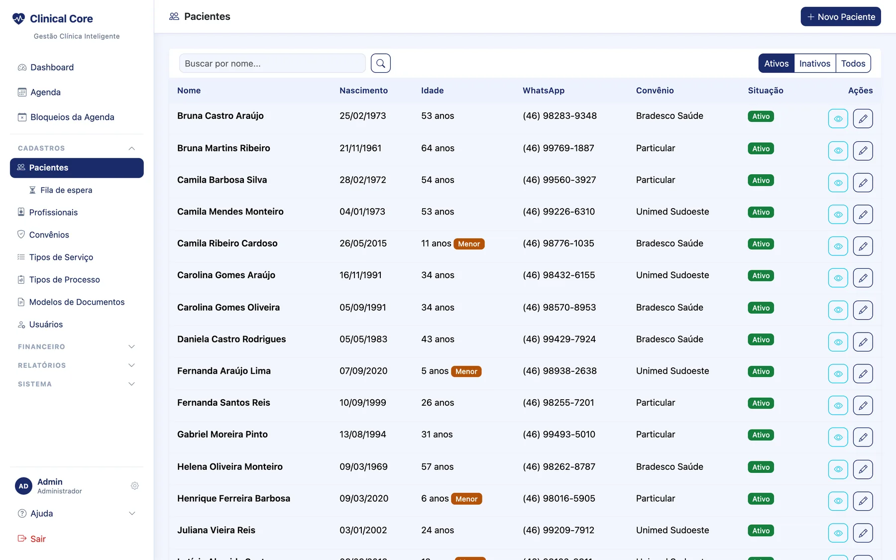 Lista de pacientes do Clinical Core com busca, filtros e convênios