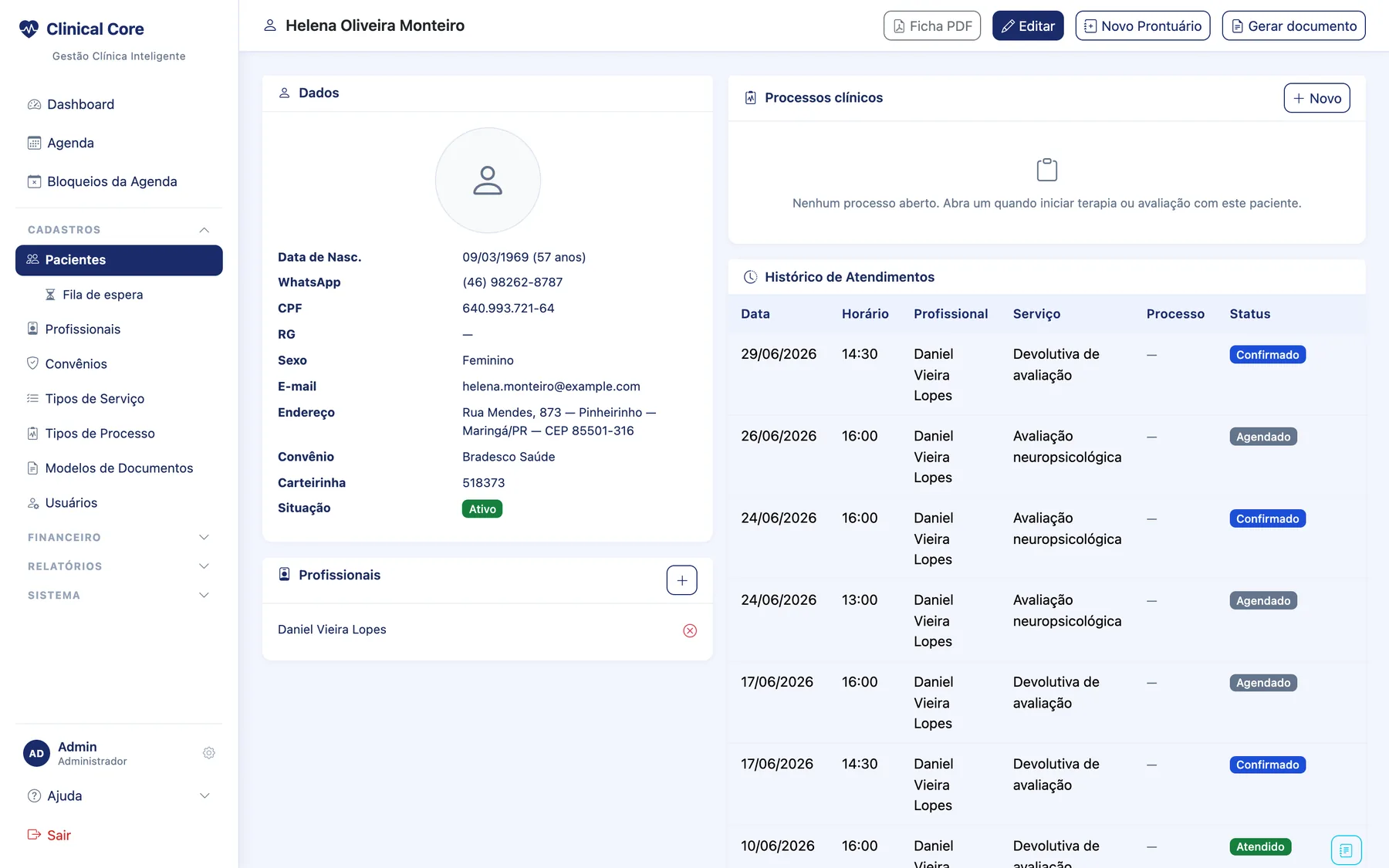 Ficha do paciente no Clinical Core com dados, processos clínicos e histórico de atendimentos
